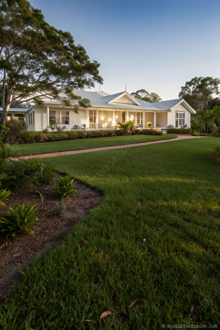Charming single-story modular home with light exterior, large windows, and a welcoming front porch set amid lush landscaping.