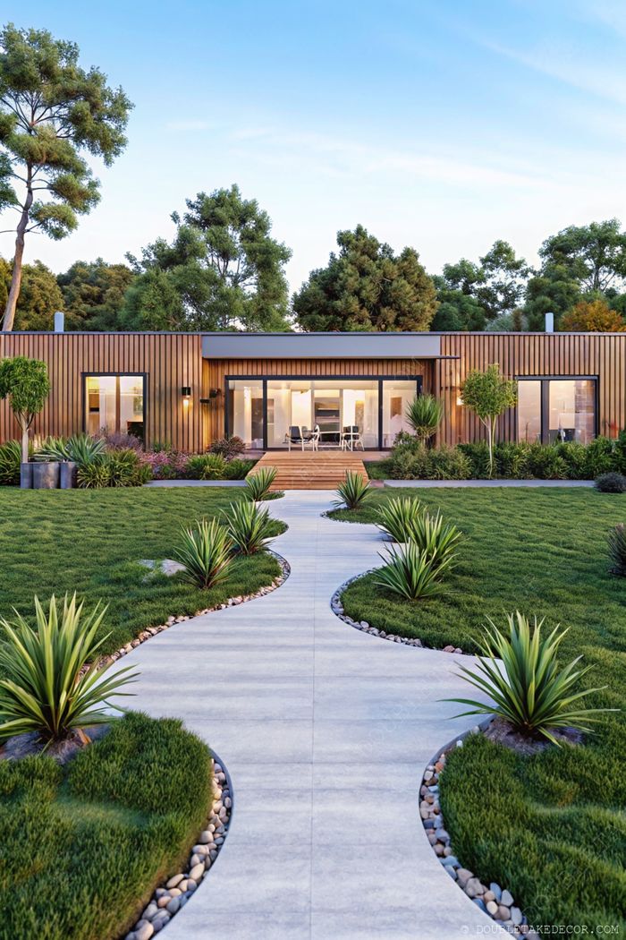 Modern modular home with wooden facade and glass windows, surrounded by lush landscaping and stone pathway leading to entrance.