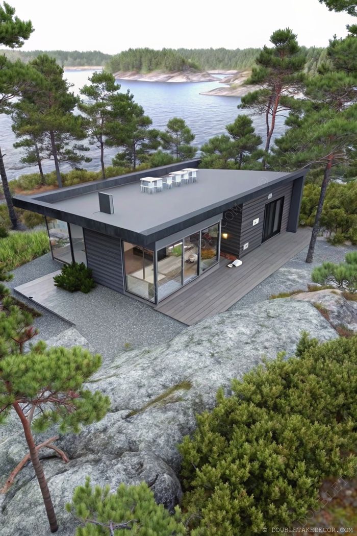 Modern minimalist modular home with dark wood exterior, large windows, and rooftop seating area nestled in serene natural landscape.