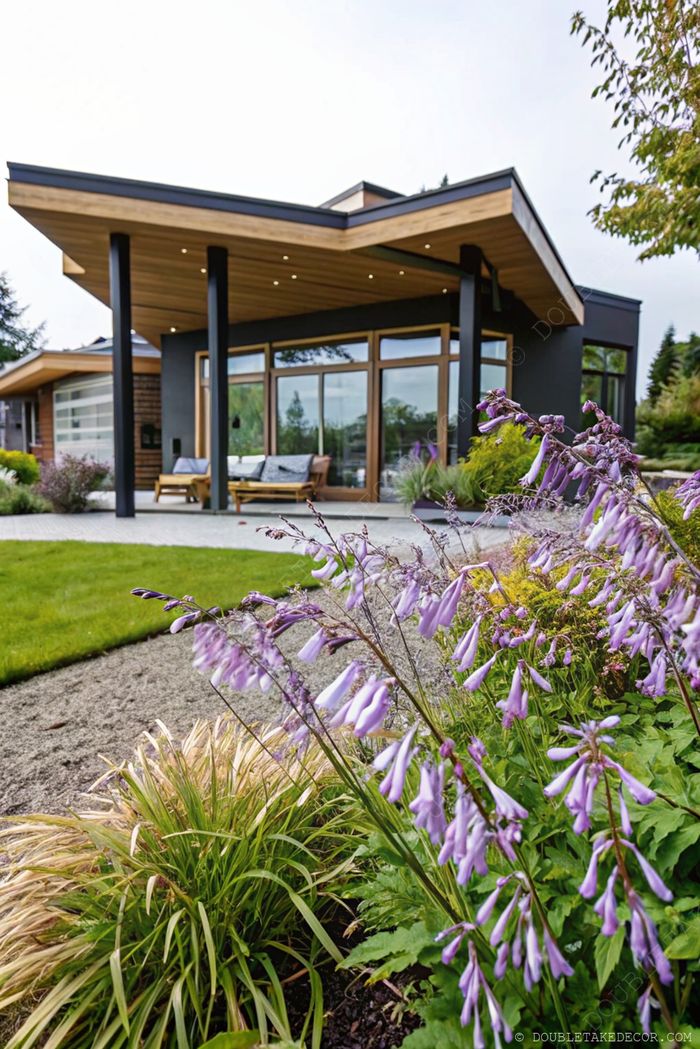 Sleek modern modular house with flat roof, large windows and beautiful garden featuring purple flowers and ornamental grasses.
