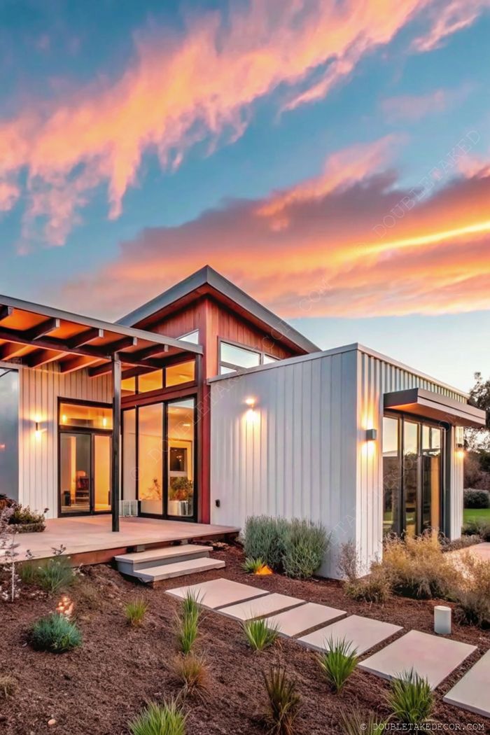 Modern home with white metal and wooden accents, featuring large windows and a stylish concrete pathway amid tasteful landscaping under a vibrant sunset sky.