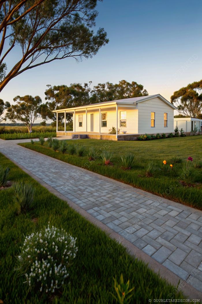 Single-story modern modular house with light siding, large windows, covered porch, and beautifully landscaped yard with stone pathway.