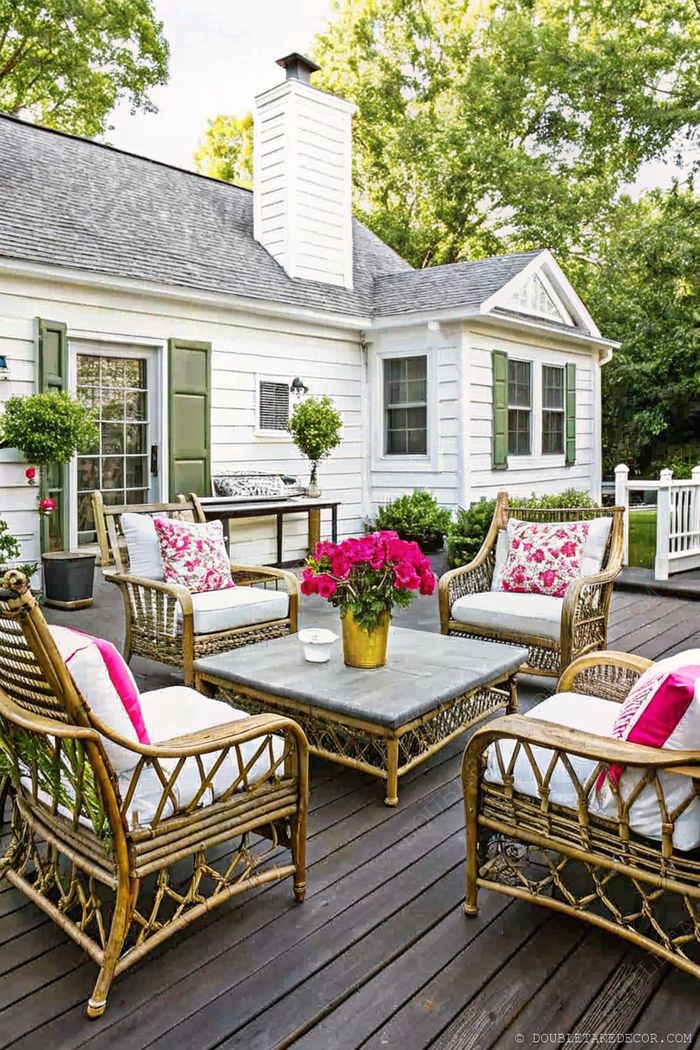 Outdoor living space with four wicker chairs, white cushions, pink pillows, and stone coffee table surrounded by greenery
