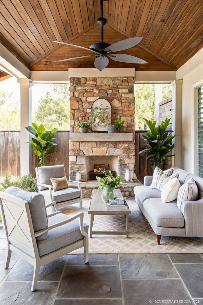 Modern outdoor living space with wooden ceiling, stone fireplace, gray furniture and natural elements creating a cozy retreat.