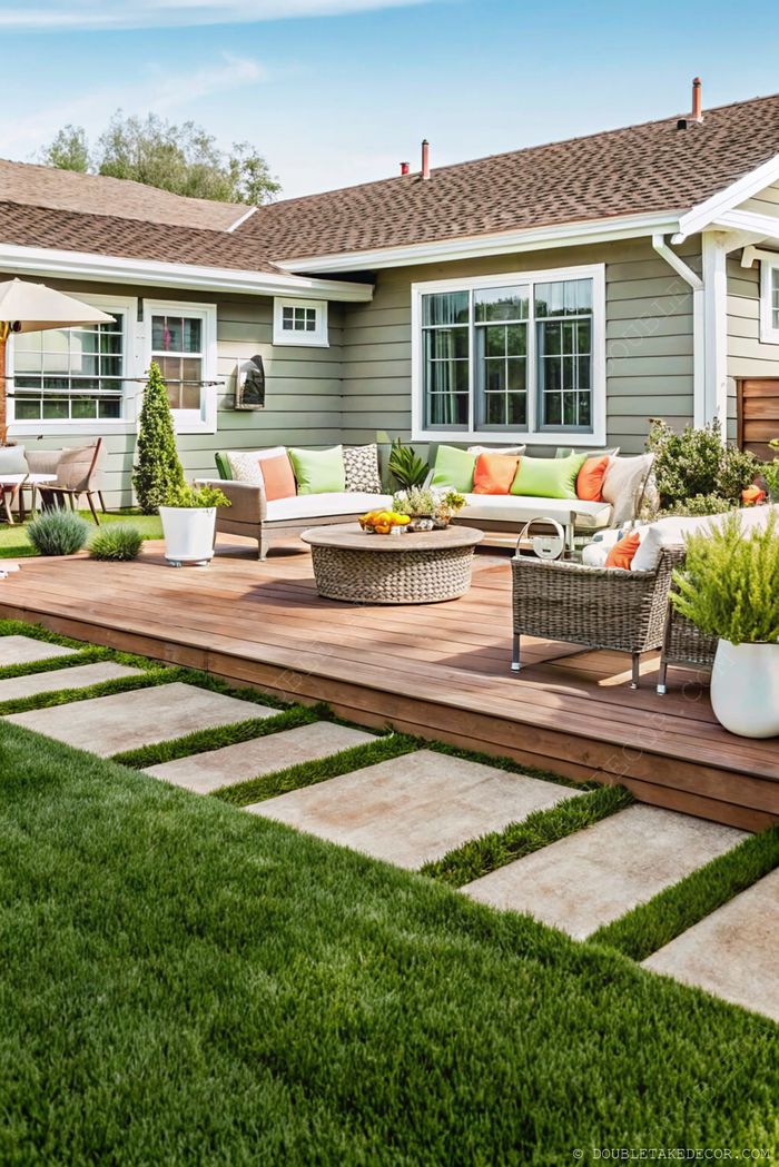 Cozy wooden deck with colorful sofa cushions, wicker chairs and stepping stones through lush garden, creating an inviting outdoor living space.
