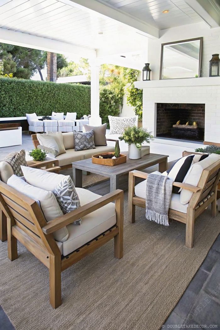 Cozy outdoor living space with armchairs, settee, wooden coffee table, and brick fireplace, perfect for relaxation.