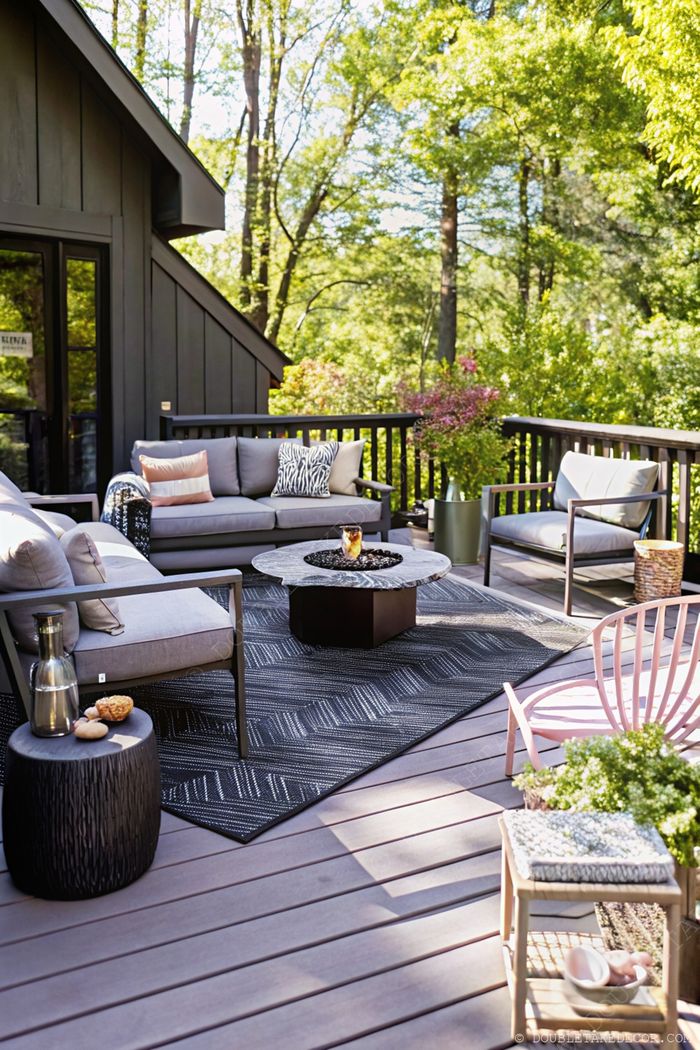 Gray sectional with patterned pillows surrounding a round coffee table, complemented by minimalist chairs and lush greenery