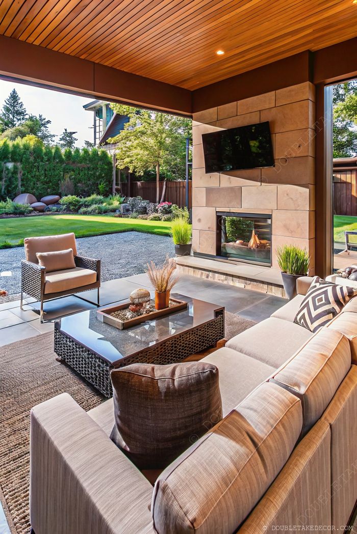 Modern outdoor space with light sectional sofa, glass table, fireplace with TV, and lush landscaped backdrop for ultimate relaxation.