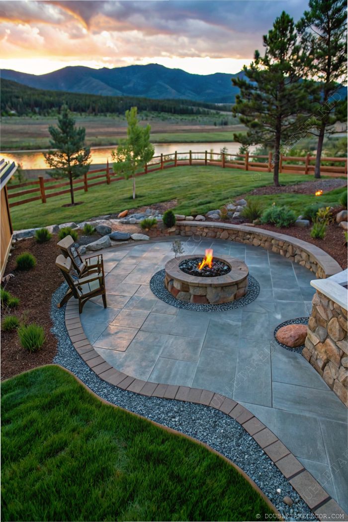 Modern patio with central fire pit, smooth gray tiles, wooden chair, and lush landscape views creating an inviting outdoor retreat.