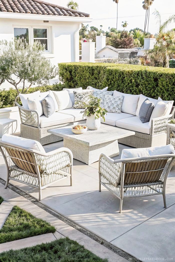 Spacious outdoor living space featuring a neutral sectional sofa with pillows, woven chairs, and a textured coffee table surrounded by greenery