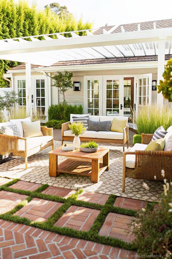 Cozy outdoor living space with light sofa, woven chairs and wooden coffee table on brick and cobblestone flooring surrounded by greenery.