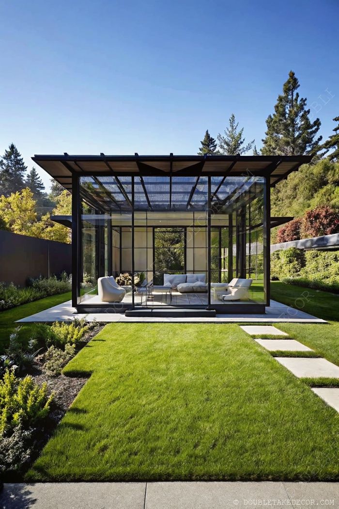 Sleek black-framed glass pavilion with minimalist white furniture set in a lush green garden with stepping stones leading to the structure.