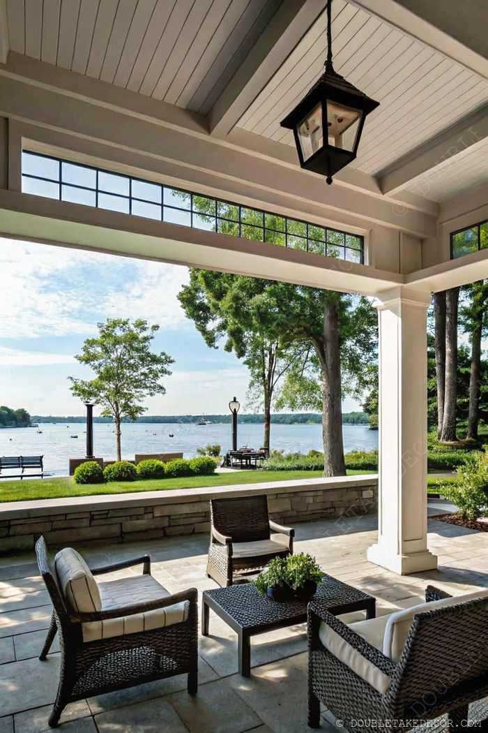 Stylish covered patio with wicker furniture overlooking a serene lake, complete with elegant columns and hanging lantern.
