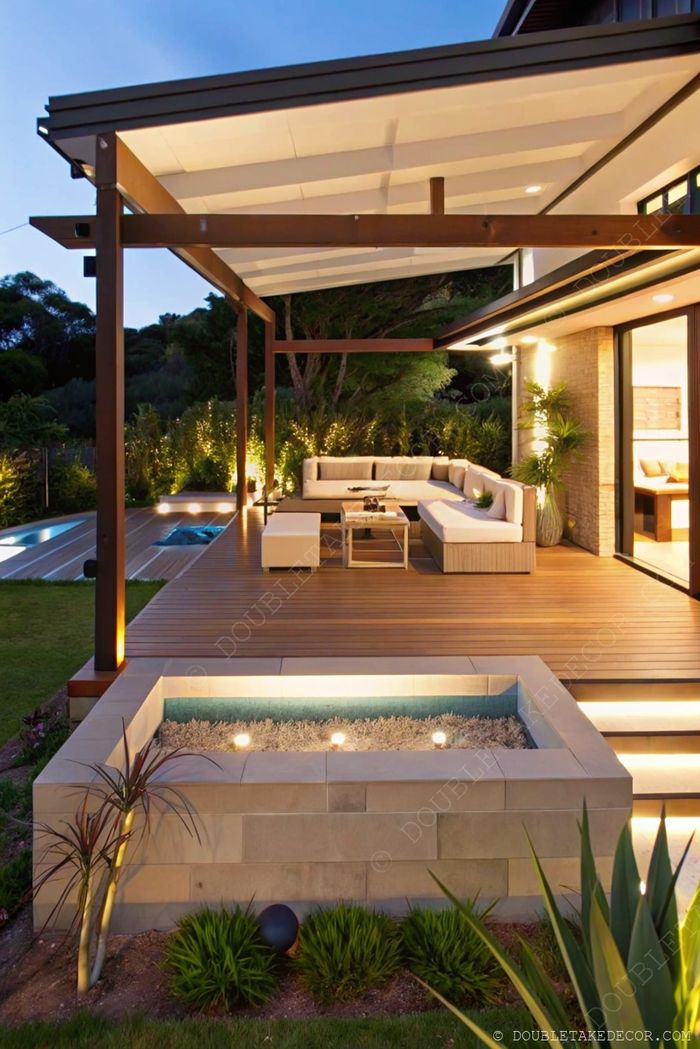 Modern outdoor living space with wooden pergola, L-shaped sofa, stone feature with ambient lighting, and pool view.