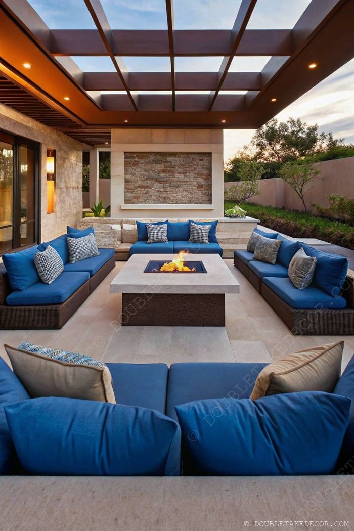 Modern outdoor living space with blue sofas around a fire pit, sheltered by a wooden pergola with stone wall backdrop.