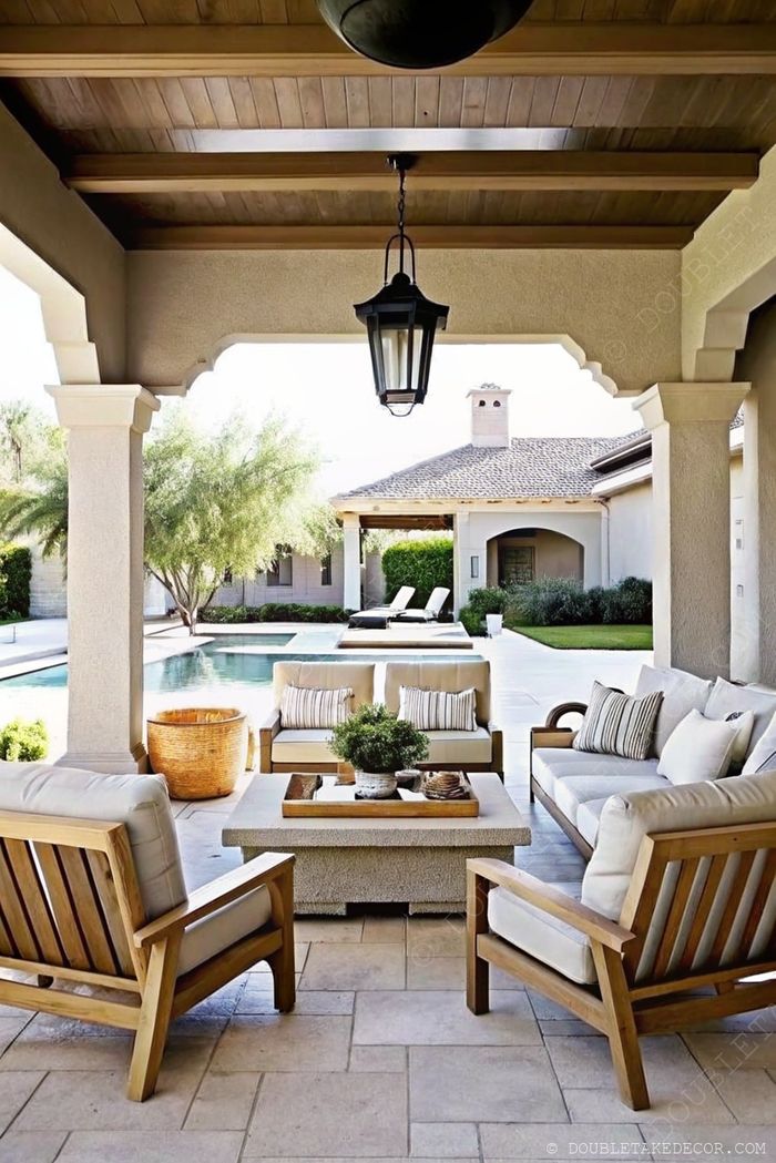 Covered patio with wooden ceiling, pendant lamp, comfortable seating, and a poolside view for stylish outdoor living.