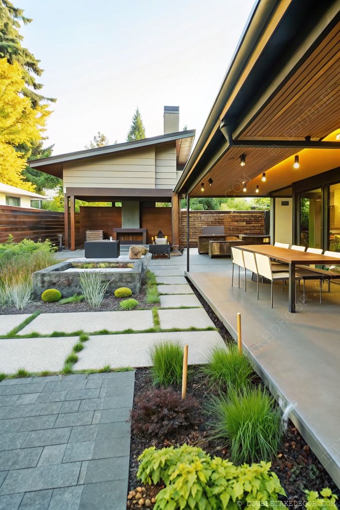 Elegant outdoor space with stone pathways, wooden backdrop, outdoor kitchen, and covered dining area surrounded by greenery.