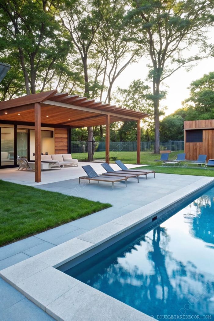 Sleek swimming pool with loungers under a wooden pergola, featuring cozy seating area surrounded by lush greenery for outdoor relaxation.
