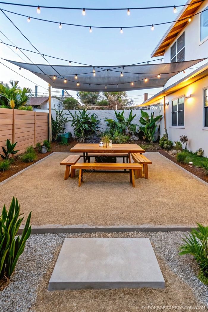 Stylish wooden table with benches under a canopy with string lights, set on sandy ground with surrounding greenery and a bright house backdrop.