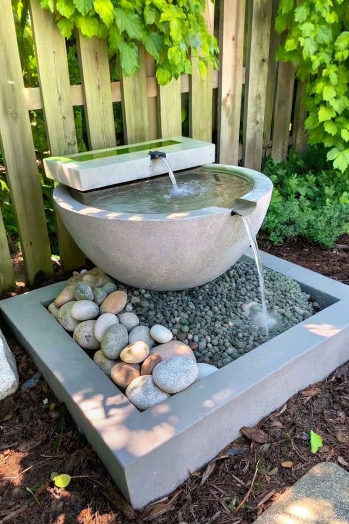 A rounded stone bowl fountain with dual water streams, set in a pebble-filled concrete frame with decorative stones and lush green backdrop.