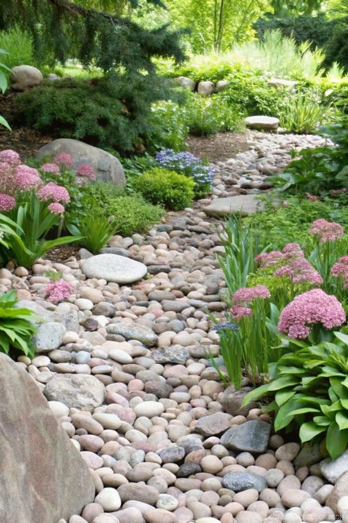 A serene garden path made of smooth pebbles bordered by lush greenery and delicate pink flowers, creating a tranquil outdoor retreat.