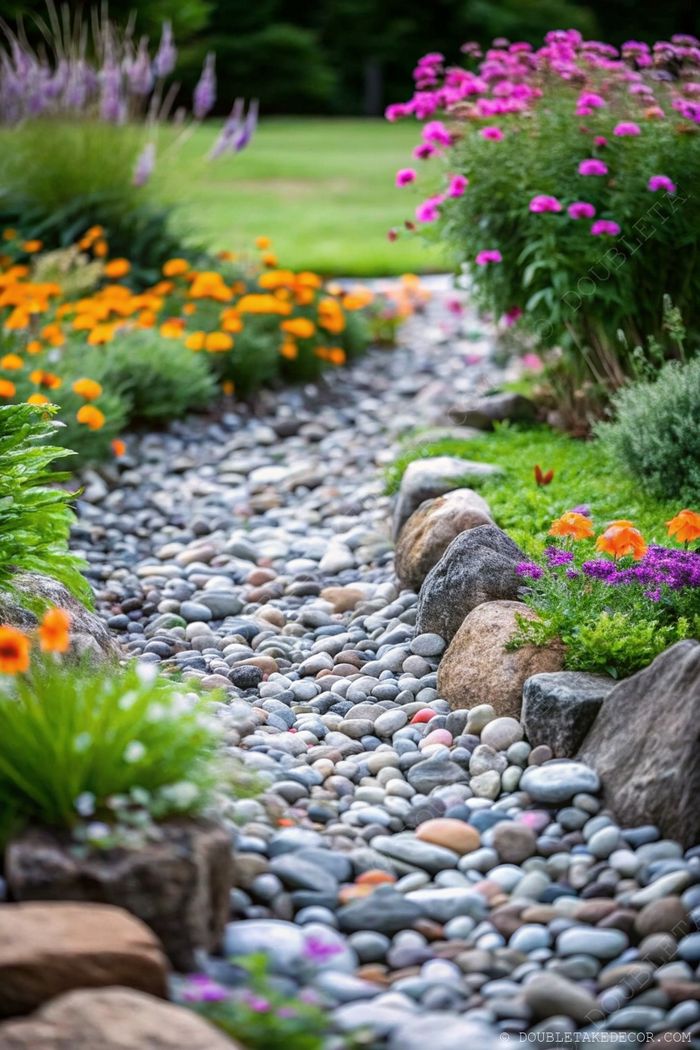 Garden pathway lined with smooth pebbles, bordered by orange marigolds, pink flowers, and natural stone edging.