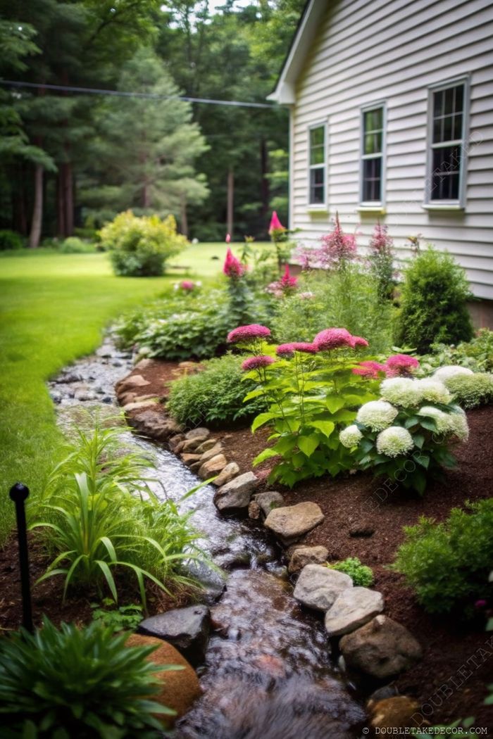 A winding stream with stone borders flows through a lush garden featuring hydrangeas beside a light-colored home surrounded by trees.