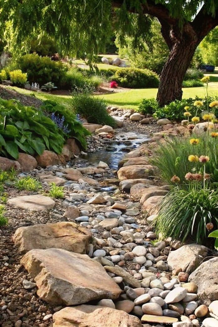 A serene garden with a stone-lined stream winding through lush greenery, colorful flowers, and shaded by a large tree.