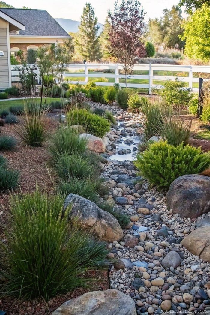 Landscaped garden with stone-lined dry creek bed surrounded by lush greenery, serving as both drainage solution and aesthetic focal point.