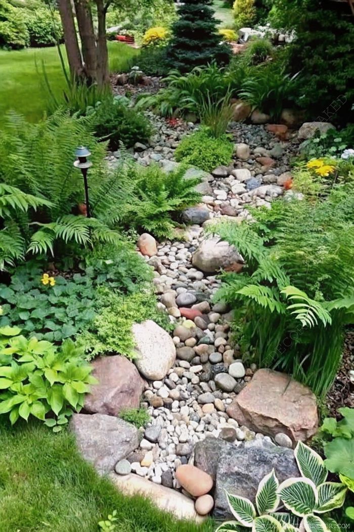 A winding pebble pathway through lush ferns and plants, with strategic stone placement and a decorative light creating a tranquil garden atmosphere.