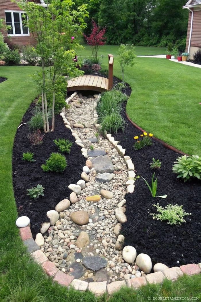 Landscaped garden featuring a stone-lined dry creek bed with a wooden bridge, bordered by black mulch, green grass, and colorful flowering plants.