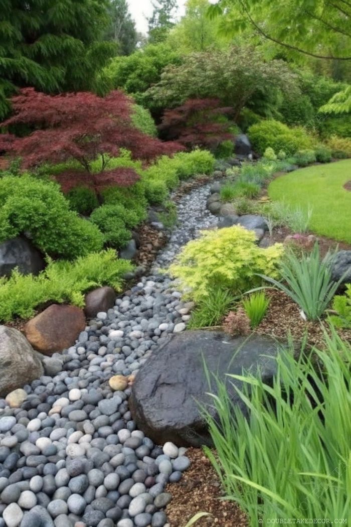 A tranquil garden with a pebble-filled dry riverbed, surrounded by lush greenery and red-leaved trees with strategic boulder placement.