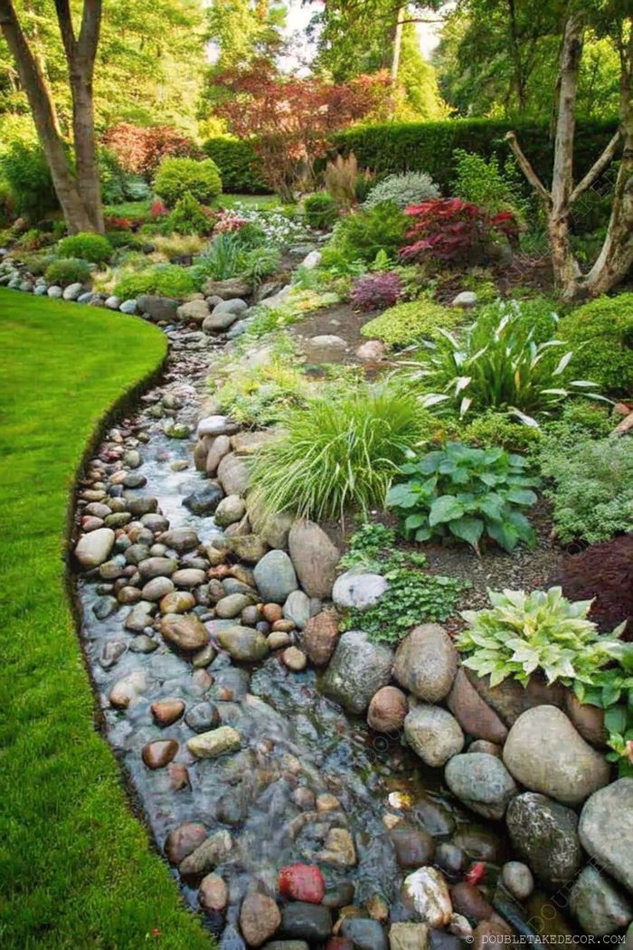 Landscaped garden with gentle stream lined by river stones, surrounded by lush grass and diverse ornamental plants creating a serene outdoor sanctuary.