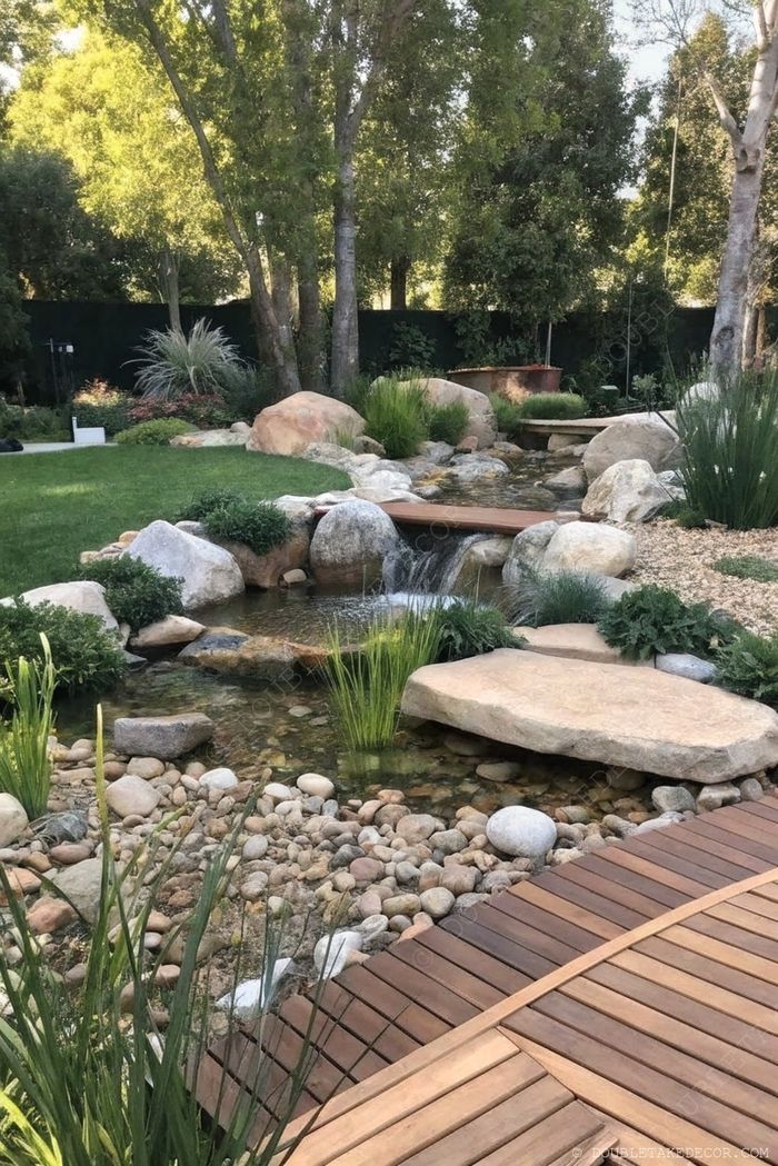 Serene landscape with a flowing stream, framed by smooth stones and boulders with wooden deck overlooking the water