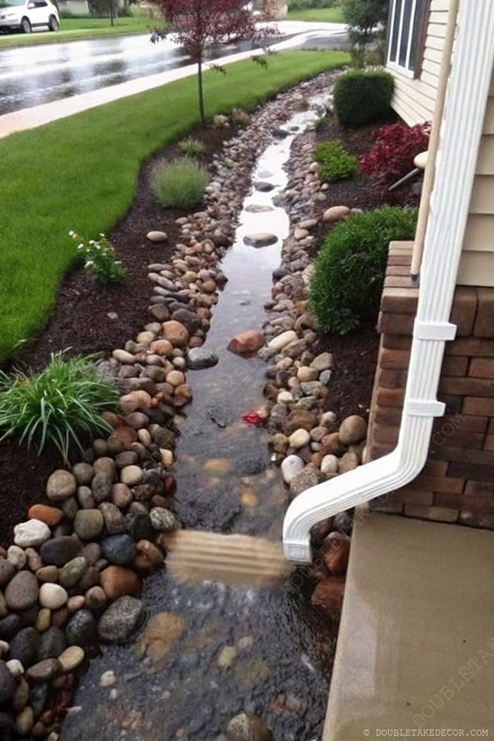 A landscaped drainage area with smooth stones creating a natural stream from a downspout, bordered by greenery for effective rainwater management.