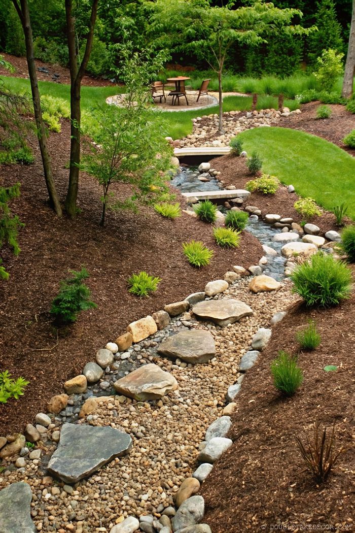 Serene landscaped garden with meandering stream, stone borders, pebble path, and wooden seating area surrounded by lush greenery and ornamental plants.