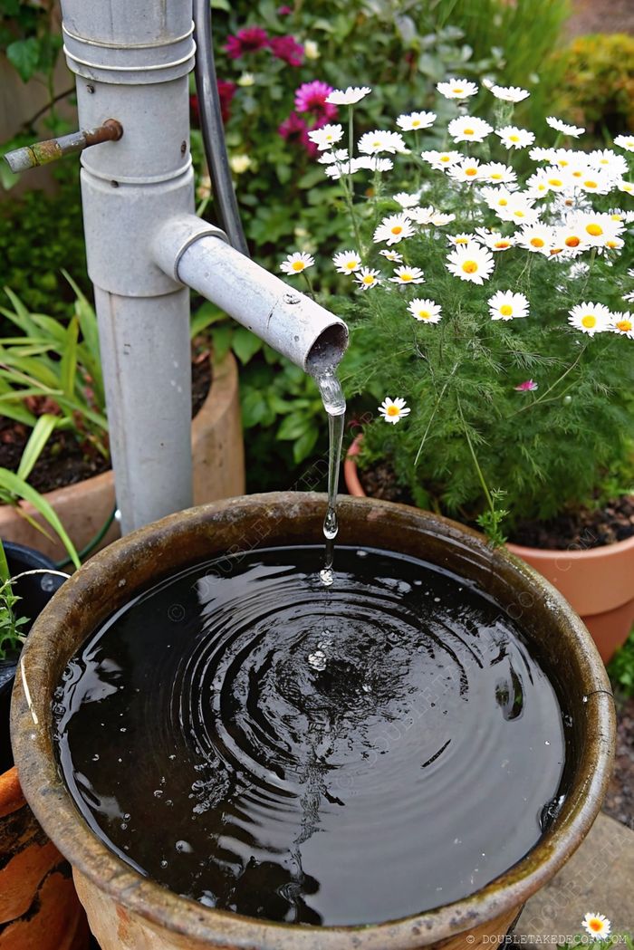 Old-fashioned water pump flowing into weathered clay basin surrounded by white daisies and lush greenery, creating a serene rainscaping feature.
