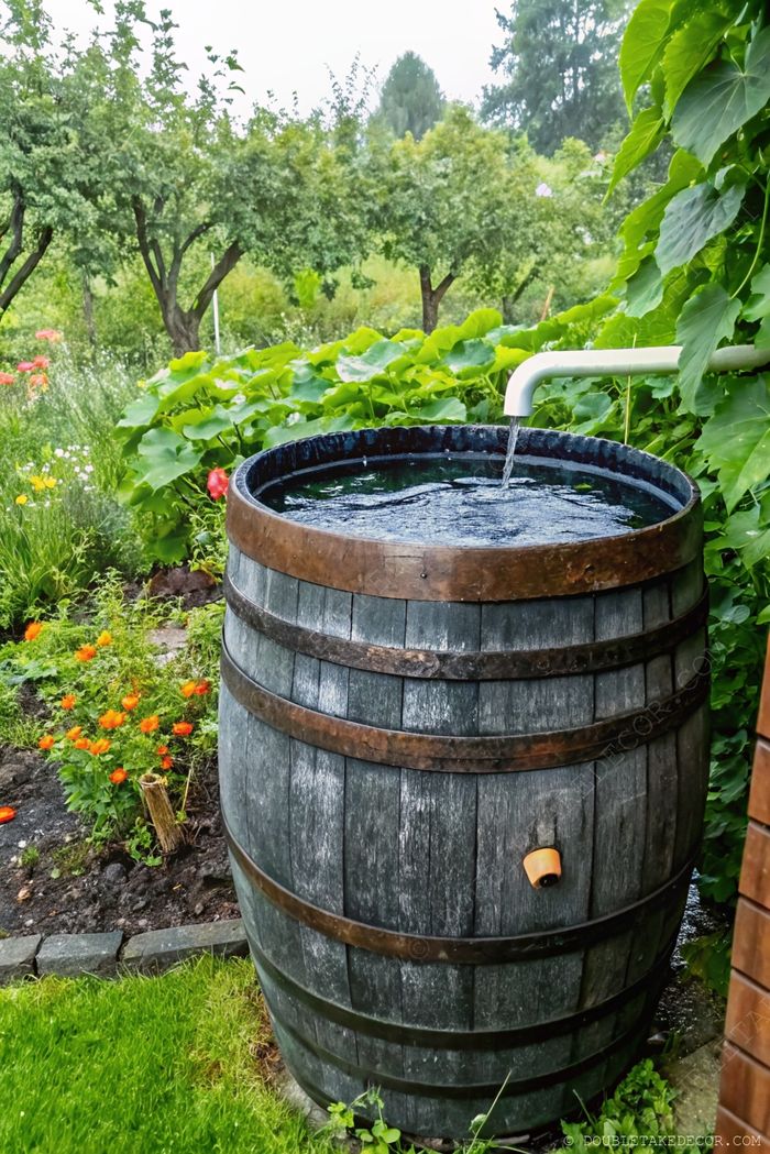 Weathered wooden rain barrel collecting water in a vibrant garden with orange and pink flowers, providing sustainable irrigation.