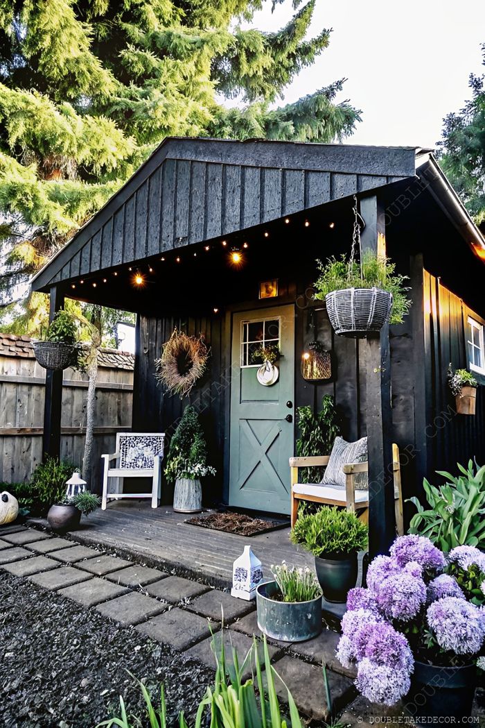 Charming black she shed with green door, string lights, and potted plants creating a serene outdoor retreat space.