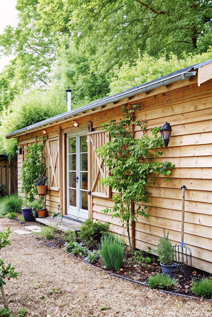 Charming wooden garden shed with glass doors, decorative shutters, surrounded by climbing plants and potted greenery along a gravel pathway.