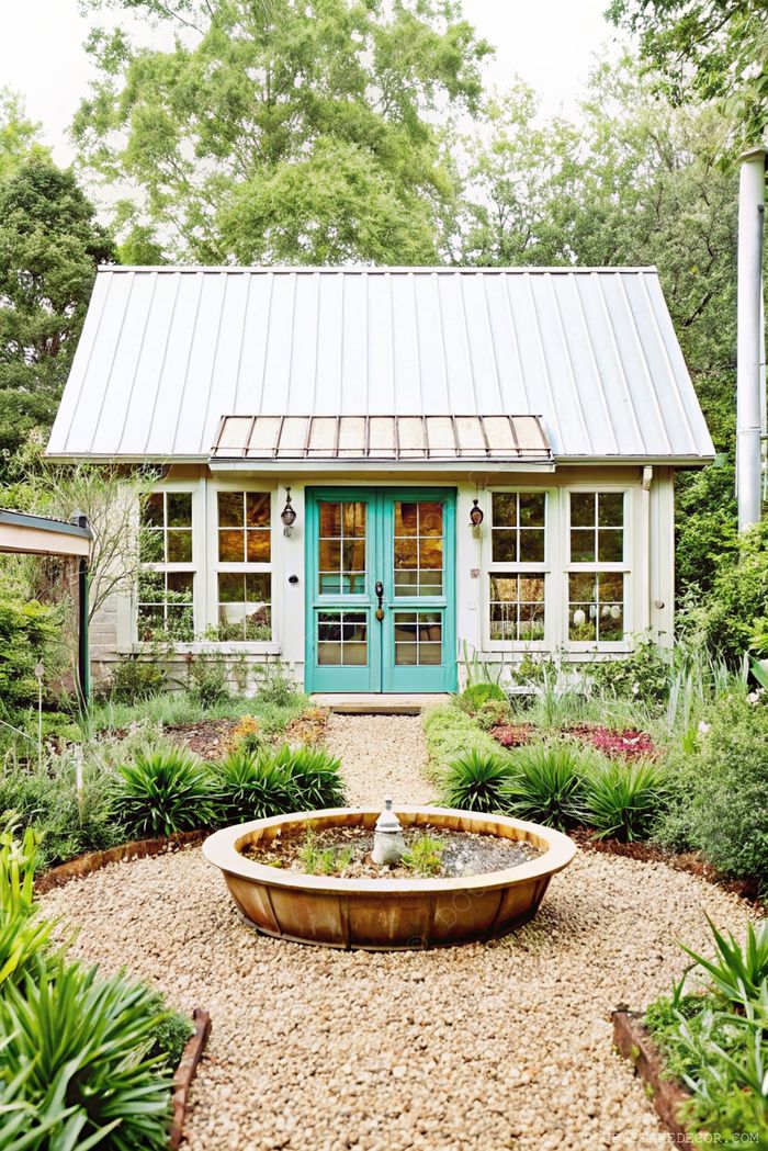 Charming she shed with turquoise double doors, metal roof, stone pathway, surrounded by manicured gardens and a circular fountain.