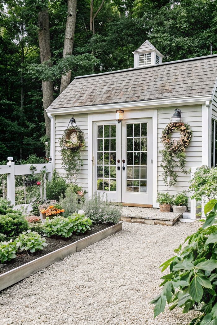 A charming garden shed with glass doors and floral wreaths, surrounded by raised beds of colorful plants and a gravel path.
