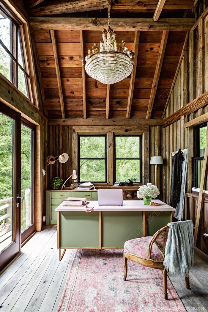 Charming home office with wooden beams, natural light, white desk with green base, and floral upholstered chair on a patterned rug.