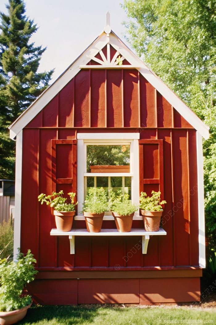Charming red shed with white trim featuring a pitched roof, shuttered window, and terracotta pots with greenery on a garden shelf.