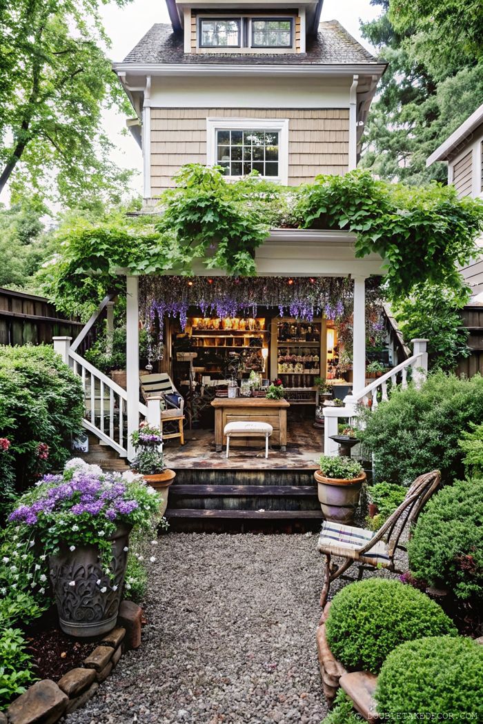 Cozy backyard with light-wooden house, shaded deck, purple flowers in pots, and gravel pathway leading to rustic outdoor furniture.