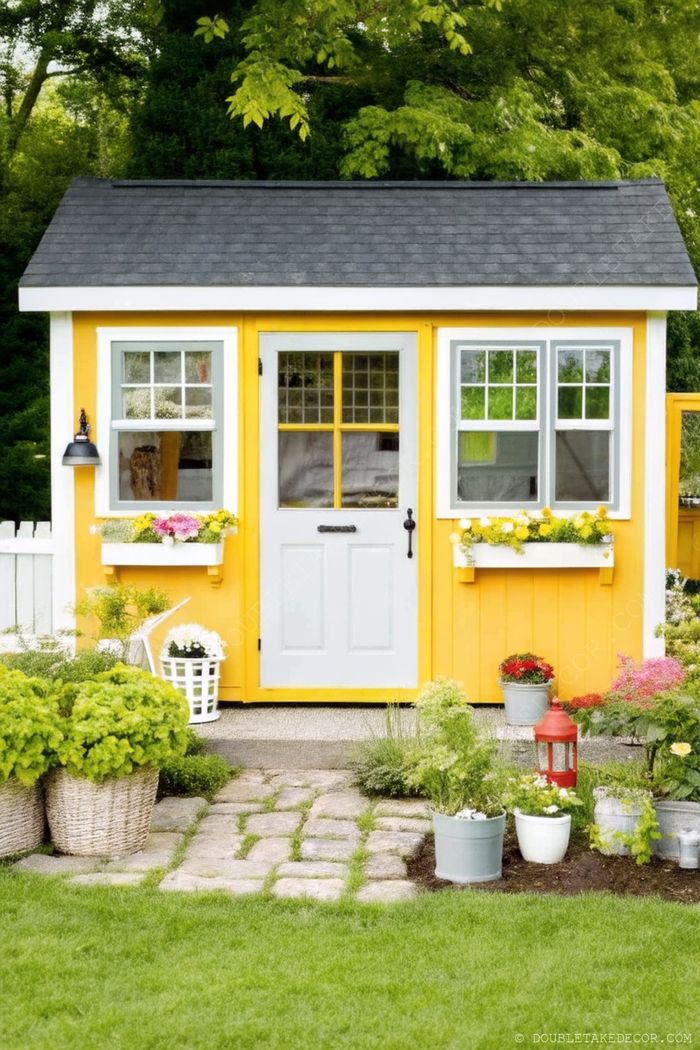 Bright yellow garden shed with white doors, windows with flower boxes, and a stone path leading to the entrance surrounded by potted plants.