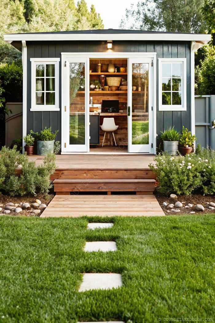 A dark exterior garden shed with white trim and glass doors, featuring an interior workspace with wooden shelving and surrounded by stone pathways.