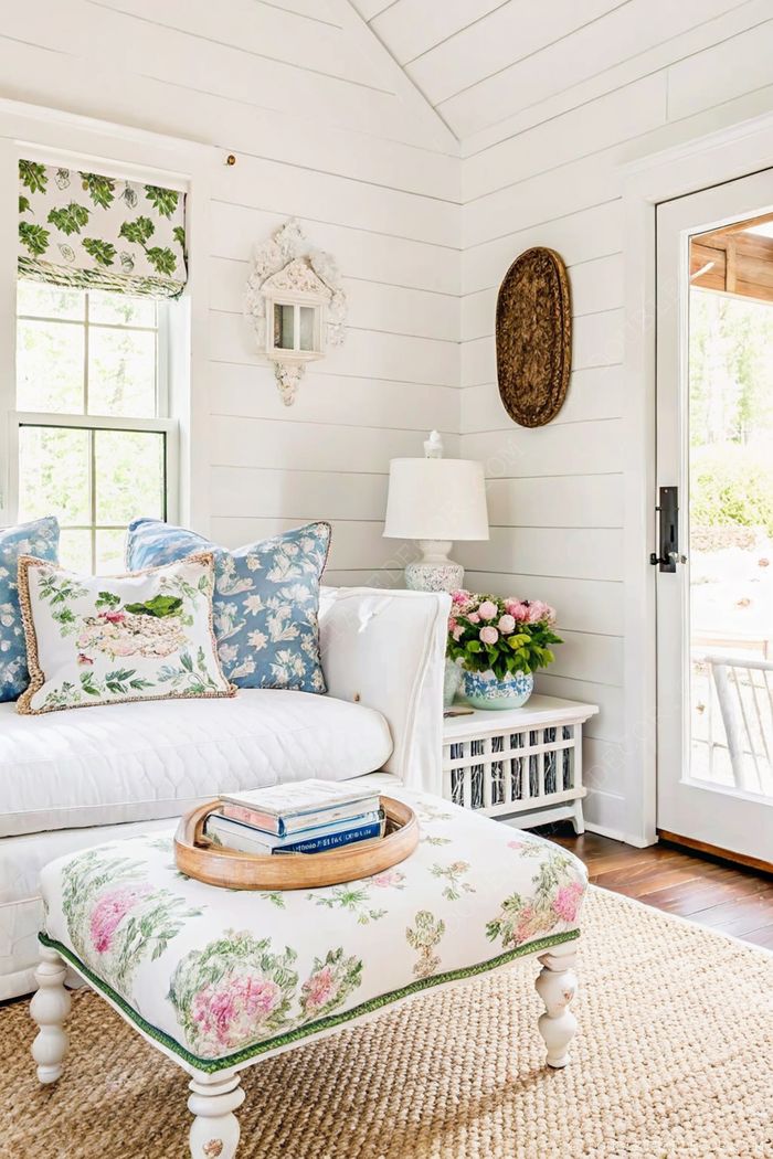 A serene she shed interior with white shiplap walls, cozy sofa with blue pillows, floral ottoman, and natural light streaming through curtained windows.