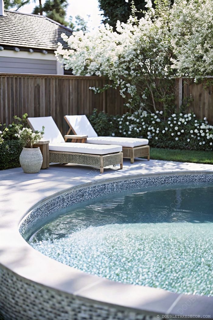 Serene rounded pool with mosaic tile rim, white cushioned lounge chairs, side table, and lush greenery creating a tranquil backyard oasis.