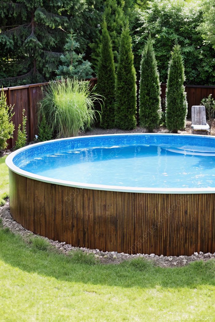 Above-ground round pool with wooden frame surrounded by lush plants and decorative stones, creating a serene backyard oasis.